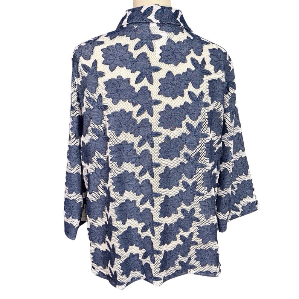 Alfred Dunner Mesh Overlay Button-Up Shirt Petite XL Blue Bayou Floral Appliqués - Picture 6 of 7